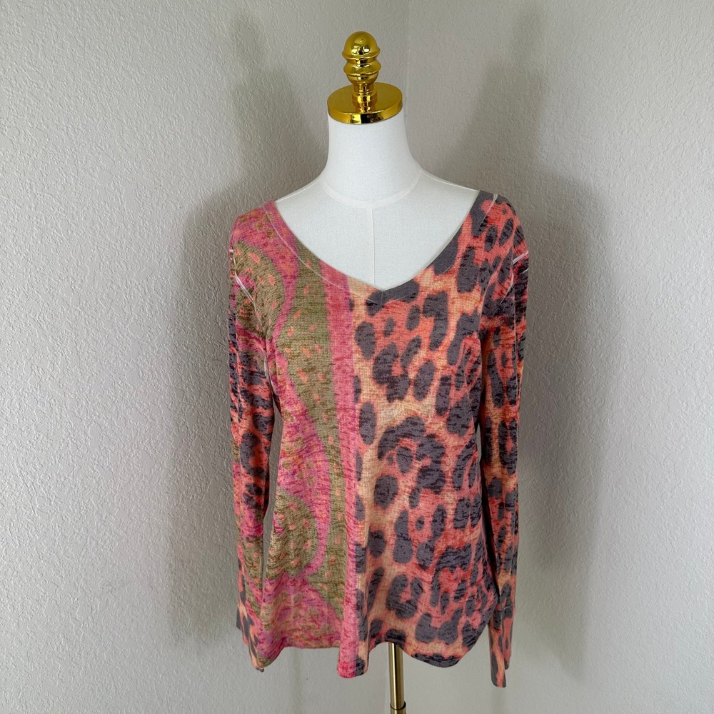 Before + Again Top Womens XL Pink Leopard Paisley Mixed Print Long Sleeve V-Neck